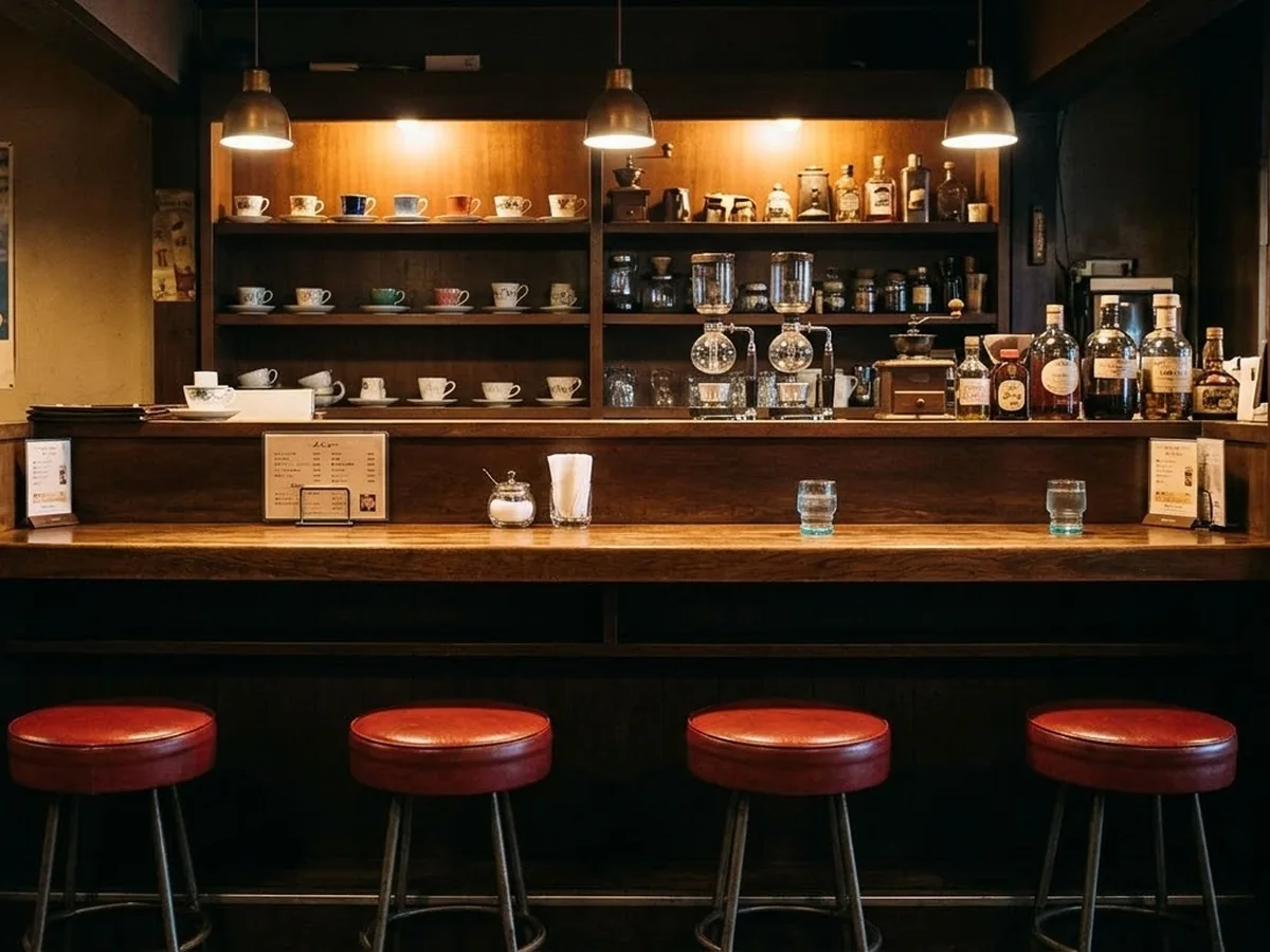 ペンダントランプの下の木のカウンターと、赤いスツールが並ぶ店内の写真(AIで作成したイメージ)