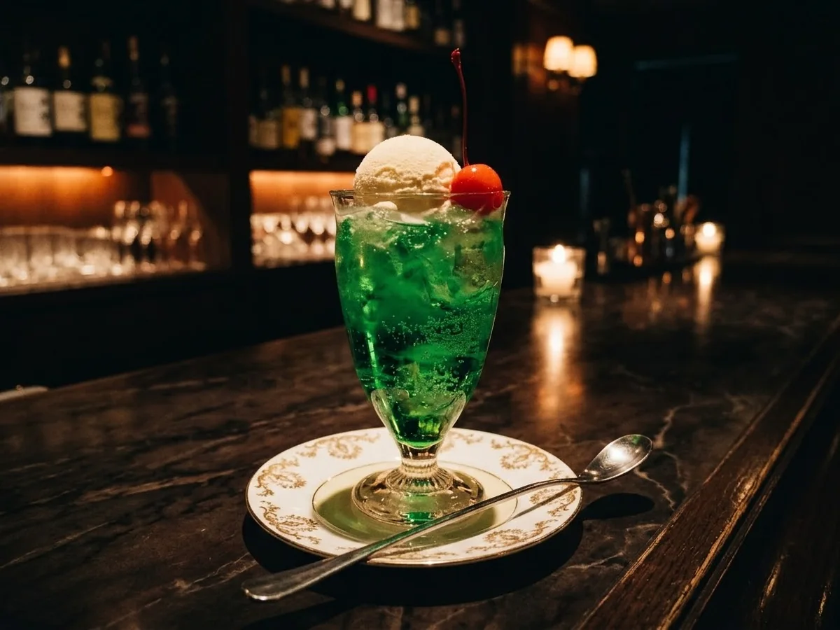 金縁の受け皿にのったクリームソーダの写真(AIで作成したイメージ)